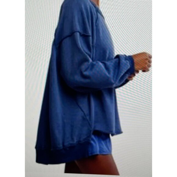 Free People Movement Blue Oversized Distressed Sweatshirt S Cotton/Polyester - Picture 2 of 16